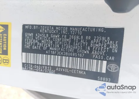 2011 Toyota Camry Le from USA, damaged, VIN 4T1BF3EK3BU685167